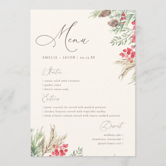 Menu Mariage de verdure hivernale à script chic (Devant)