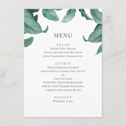 Menu Mariage de verdure tropicale. Aquarelle botanique (Devant)