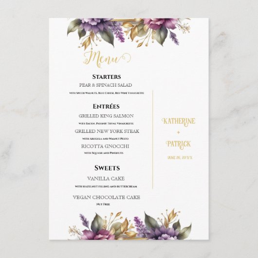 Menu Mariage de vignobles Lilac et Lavender (Devant)