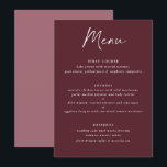 Menu Mariage d'écriture moderne Merlot Bourgogne<br><div class="desc">Merlot / Bourgogne / Vin Menu Mariage : Ce menu mariage moderne comporte du texte manuscrit sur un arrière - plan merlot au premier plan avec la photo du couple et un message de remerciement au dernier plan. C'est le menu mariage recto verso idéal pour servir à la fois de...</div>