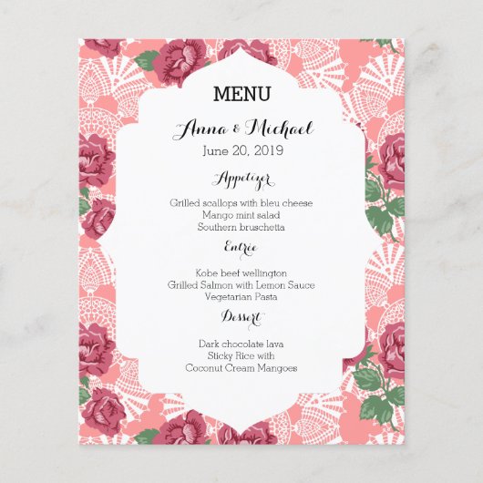Menu mariage Delicate Pays Chic Rose & Dentelle (Devant)