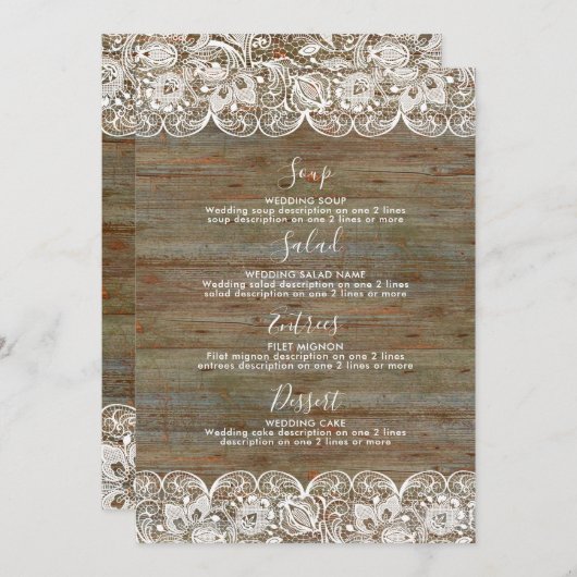 Menu Mariage dentelle blanche en bois rustique (Devant / Derrière)