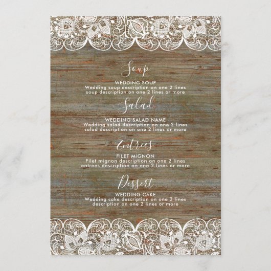 Menu Mariage dentelle blanche en bois rustique (Devant)