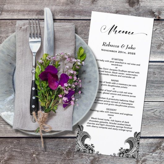 Menu Mariage dentelle noir et blanc