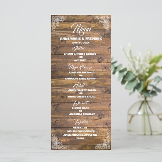 Menu Mariage dentelle rustique bois (Debout devant)