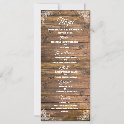 Menu Mariage dentelle rustique bois (Devant)