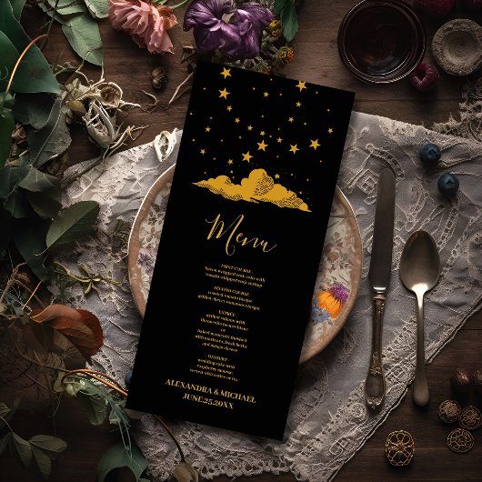Menu Mariage des étoiles célestes mystiques d'or noir