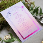 Menu Mariage des étoiles de soleil rose de coucher de s<br><div class="desc">Mystical Sunset Pink Sun Moon Stars Astronomie Galaxy Celestial Cosmic Space Mariage Menu Cards dispose d'un soleil rose et violet, lunette et étoiles cadre sur une plage pastel coucher de soleil arrière - plan avec vos détails de menu au centre dans le script moderne de calligraphie violet. Personnalisez en modifiant...</div>