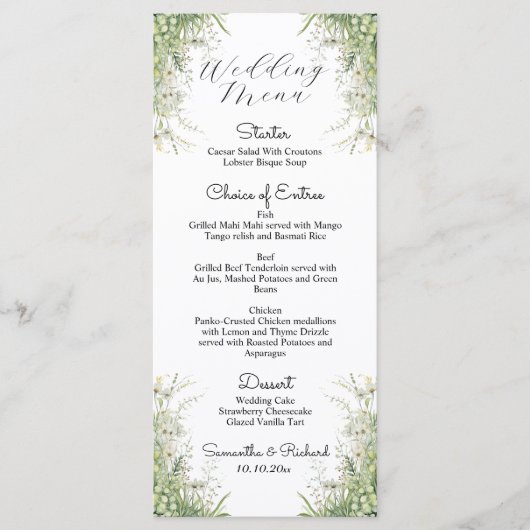 Menu Mariage des fleurs vertes Dusty Sage 4x9'' (Devant)