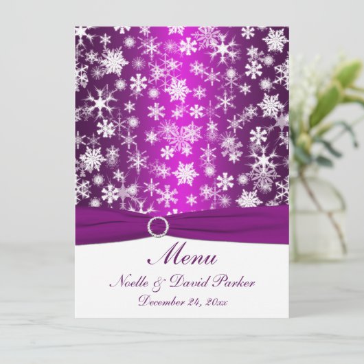 Menu Mariage des flocons de neige violet et blanc (Debout devant)