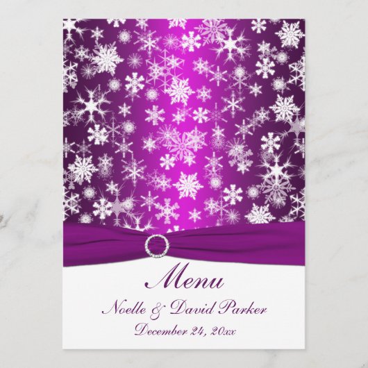 Menu Mariage des flocons de neige violet et blanc (Devant)