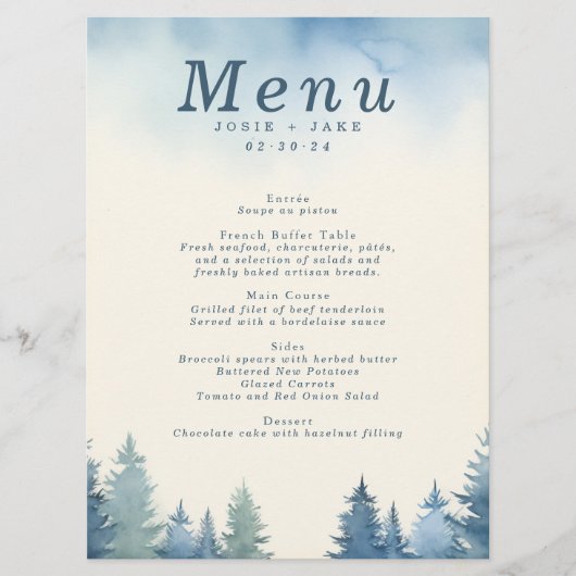 Menu mariage des pins d'hiver bleu (Devant)