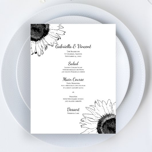 Menu Mariage des tournesols noir et blanc