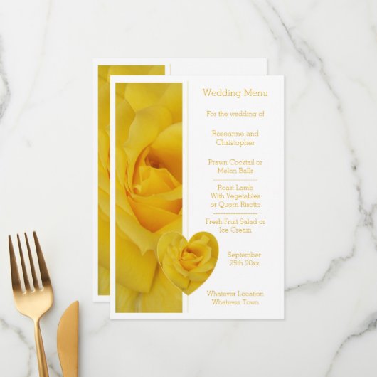 Menu Mariage Design Coeur Rose Jaune (Devant/Arrière en situation)