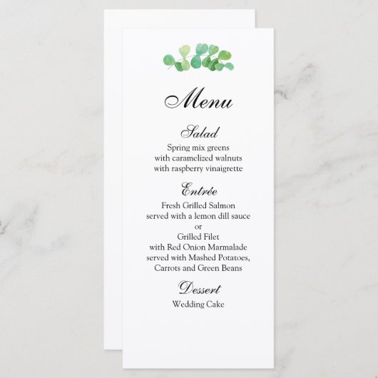 Menu mariage d'été botanique. Menu du dîner vert (Devant / Derrière)