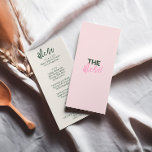 Menu Mariage d'été coloré et manuscrit<br><div class="desc">Menu de dîner de mariage jaune pêche moderne funky rétro coloré. Caractéristiques un design de modèle chic avec un fond rose doux vintage boho et une typographie verte en gras. Parfait et assorti à l'ensemble de la suite.</div>