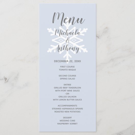 Menu Mariage d'hiver flocon de neige bleu poussiéreux (Devant)