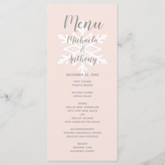 Menu Mariage d'hiver flocon de neige rose pastel (Devant)