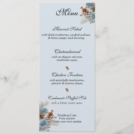 Menu Mariage d'hiver Pinecones de Noël Bleu Brown (Devant)