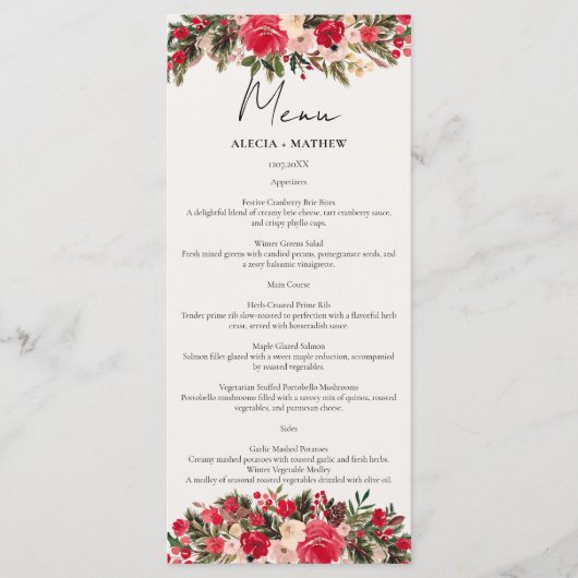 Menu Mariage d'hiver rustique rouge vert floral (Devant)