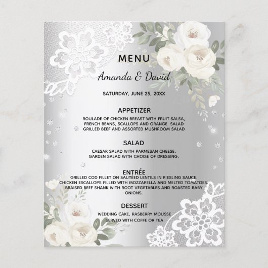 Menu mariage diamant floral blanc argenté (Devant)