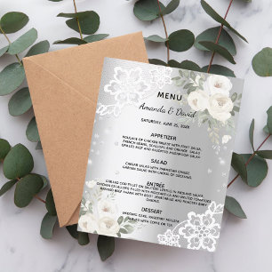 Menu mariage diamant floral blanc argenté