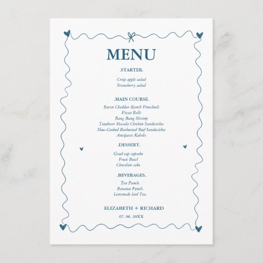 Menu Mariage d'illustration Scribble Blue dessiné à la  (Devant)