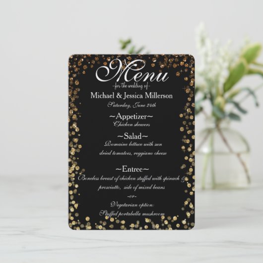 Menu Mariage d'impression Black and Gold Bokeh (Debout devant)