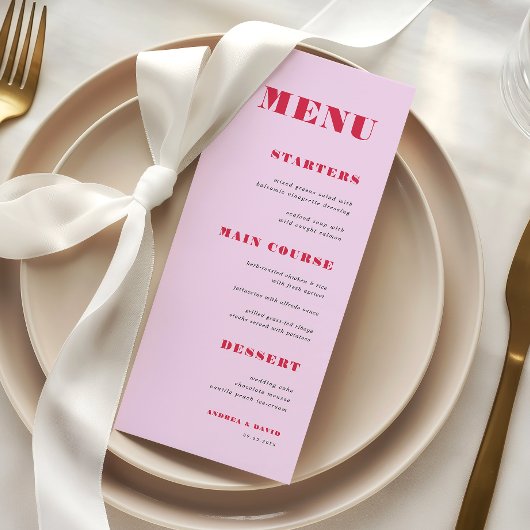Menu Mariage dîner avec typographie audacieuse rose et