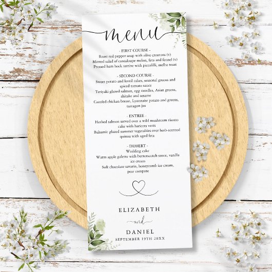 Menu Mariage dîner coeur floral verdure écriture