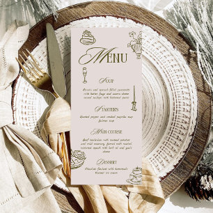 Menu Mariage Dîner Illustré Rétro Vert Dessiné à la Mai