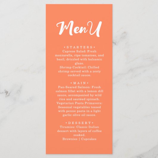 Menu Mariage Dîner Moderne Tendance Corail Orange (Devant)