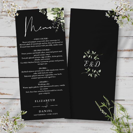 Menu Mariage Dîner Monogramme en Noir et Blanc avec Feu