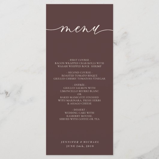 Menu Mariage Dîner Simple Script Brun Chocolat (Devant)