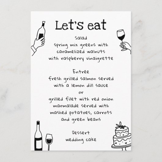 Menu Mariage Doodle Dessiné à la Main | Vin Moderne (Devant)