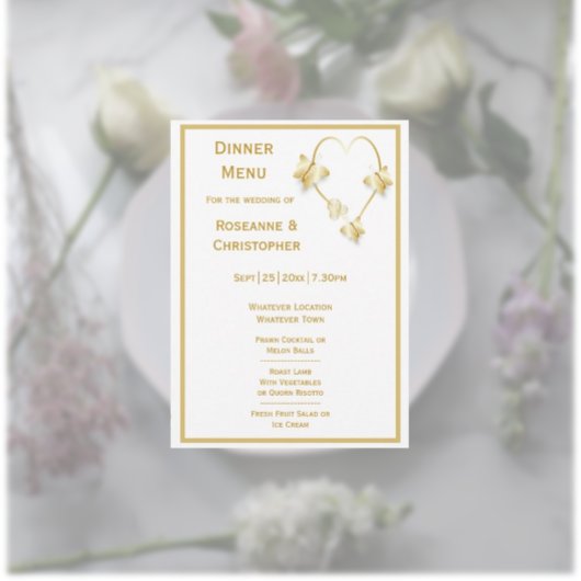 Menu Mariage d'or Papillons Coeur Design