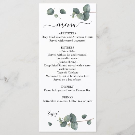 Menu Mariage double Eucalyptus Greenery (Dos)