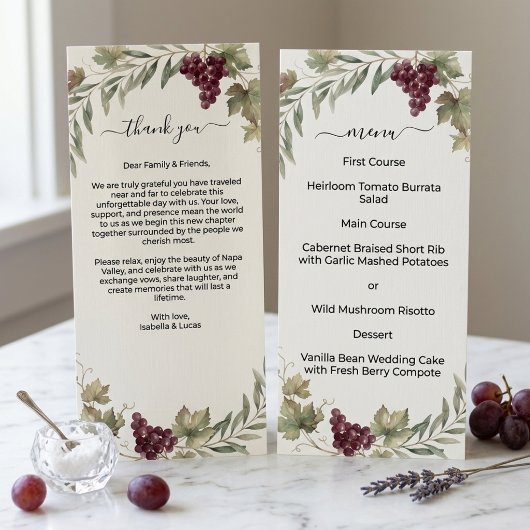 Menu Mariage Double Face de Vignoble de Napa Valley
