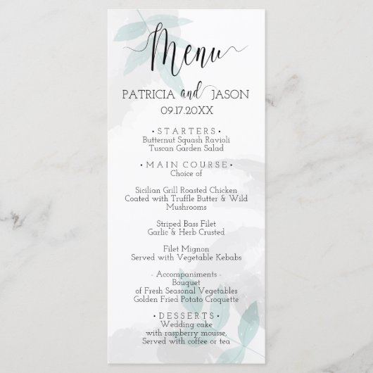 Menu Mariage doux menthe et gris (Devant)