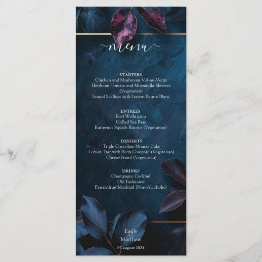 Menu Mariage du jardin de minuit enchanté (Devant)