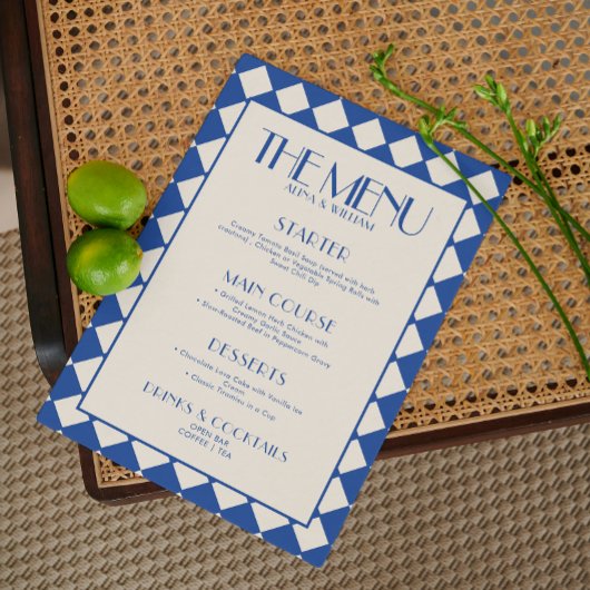 Menu Mariage du tableau de bord rétros bleu et crè