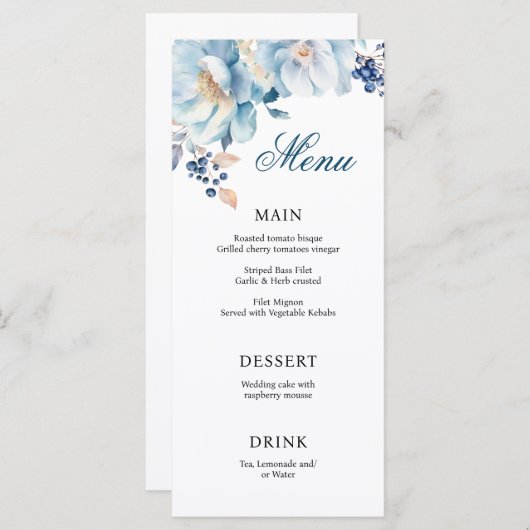 Menu Mariage Dusty Blue Florals (Devant / Derrière)