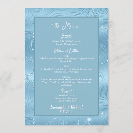 Menu Mariage Dusty Blue Silver Parties scintillant (Devant)