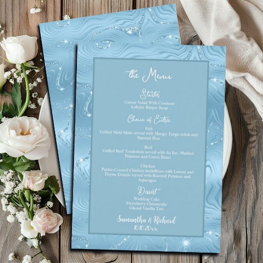 Menu Mariage Dusty Blue Silver Parties scintillant