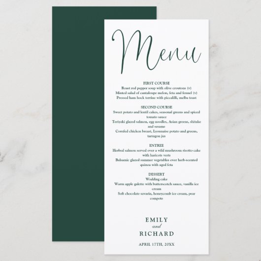 Menu Mariage Écriture Calligraphie Vert Émeraude (Devant / Derrière)
