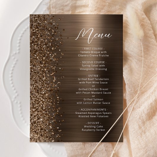 Menu Mariage écriture métallique bronze pailleté