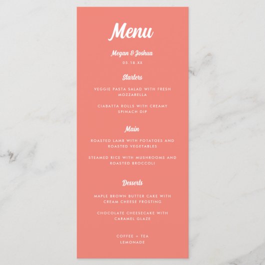 Menu Mariage écriture moderne rose corail (Devant)