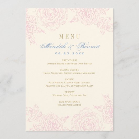 Menu Mariage Élégant à Bordure de Rose Florale Rose (Devant)