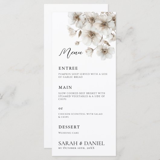 Menu Mariage élégant à fleurs rustiques blanches (Devant / Derrière)