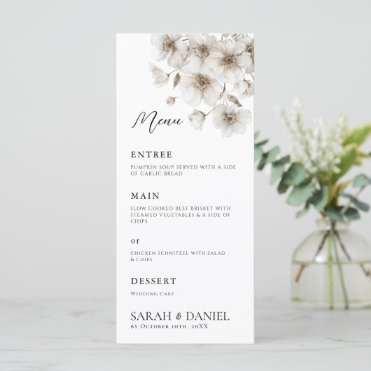 Menu Mariage élégant à fleurs rustiques blanches (Debout devant)